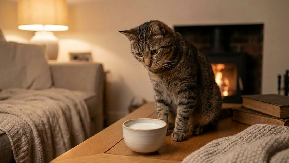 แมวดื่มนมวัวได้ไหม? แมวจ้องถ้วยใส่นมวัว