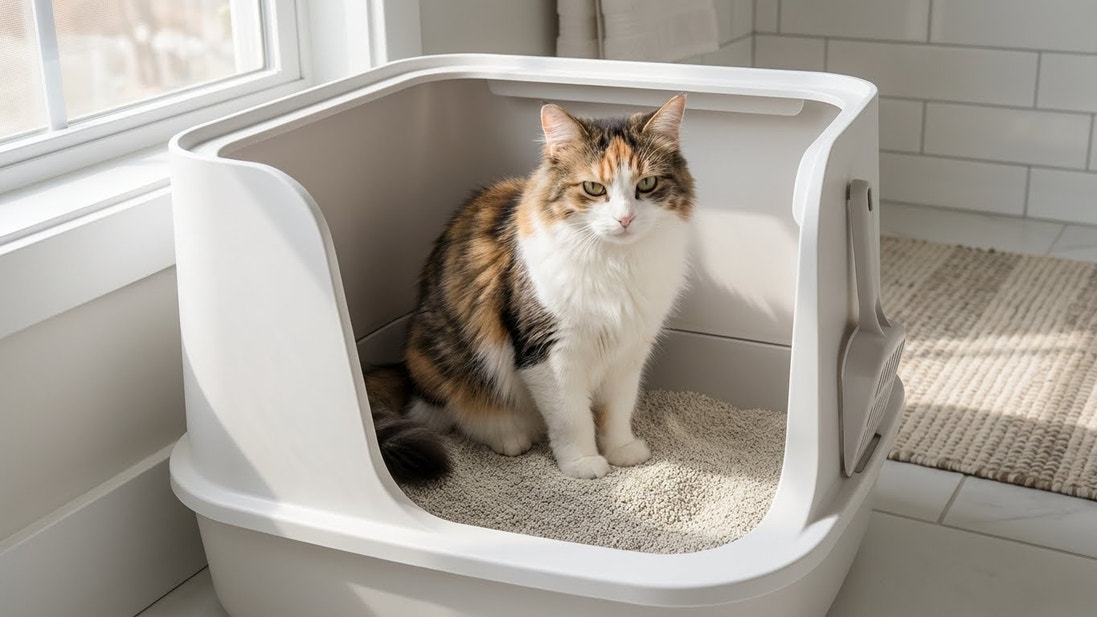 แมวกำลังนั่งกระบะทราย