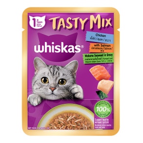 WHISKAS® Tasty Mix อาหารแมวเปียกรสไก่พร้อมปลาทูน่าและแครอทในน้ำเกรวี่